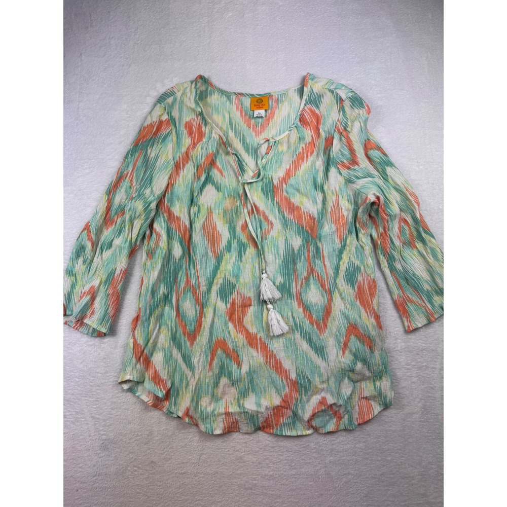 Ruby Rd Woman 3X Blouse Coral Teal Ikat Diamond Print Tassel Tie Crinkle Top